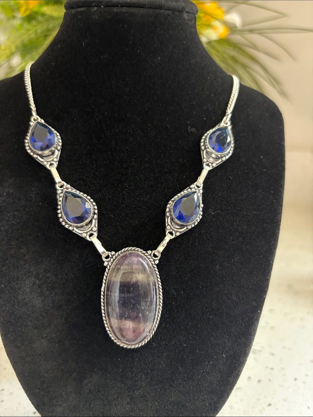Sterling Silver Fluorite & Tanzanite Gemstone Statement Necklace